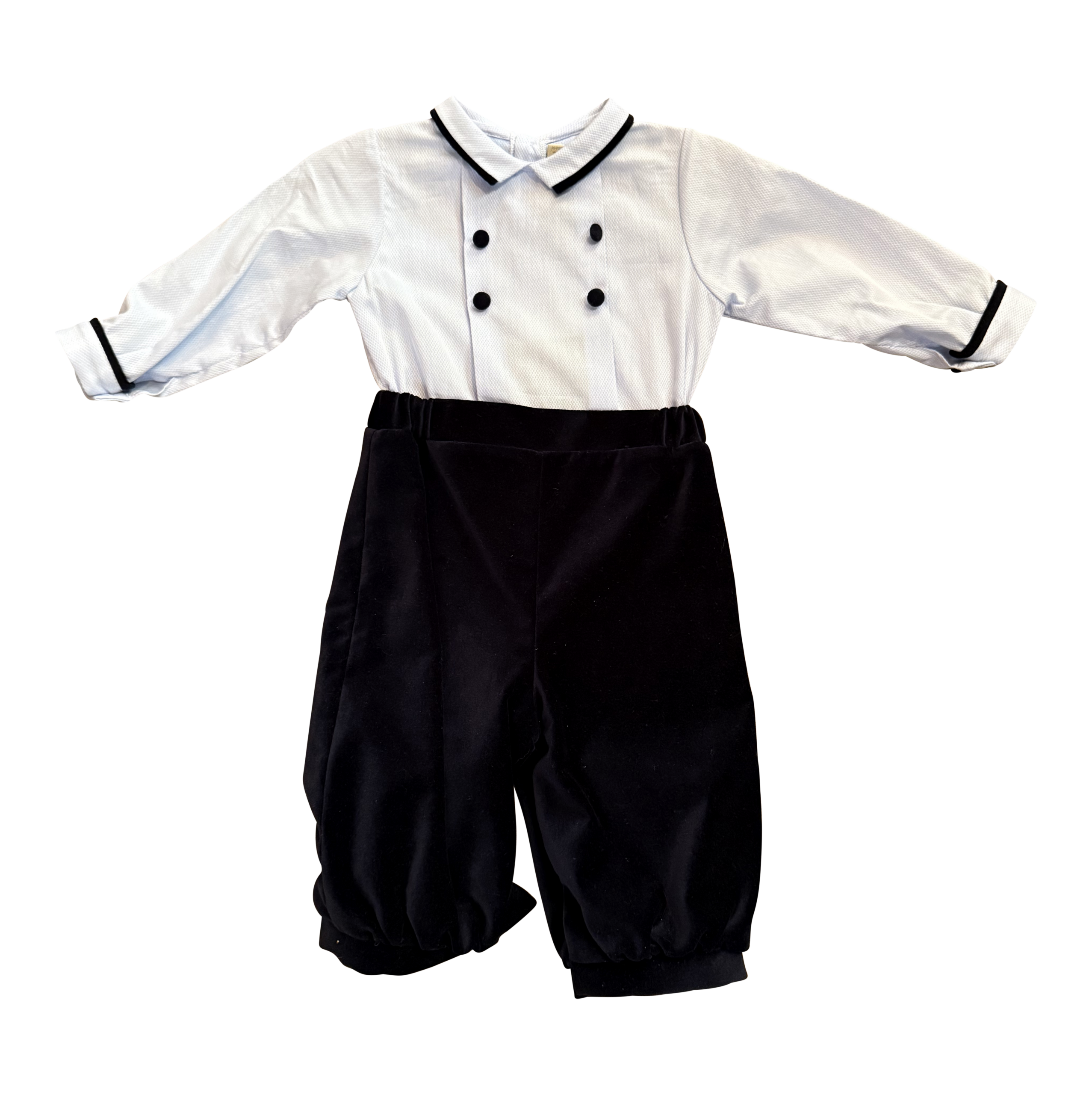 La Stupenderia 2 Piece Boys Set Velvet and Cotton Two-piece boys' outfit featuring a white shirt with black accents and black velvet pants.