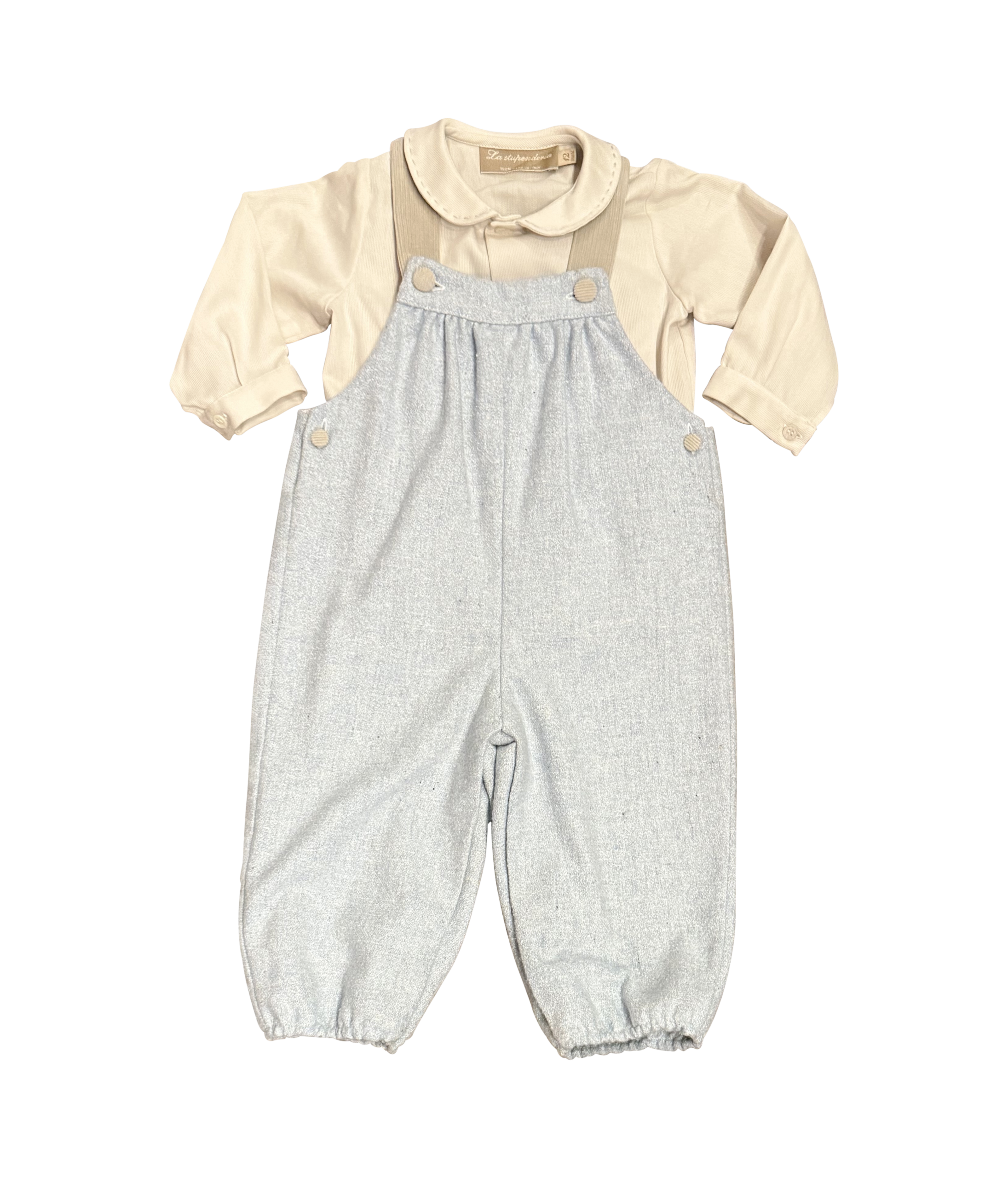 La Stupenderia Boys Wool and Overall Set Beige long-sleeve shirt with a collar paired with gray wool overalls.