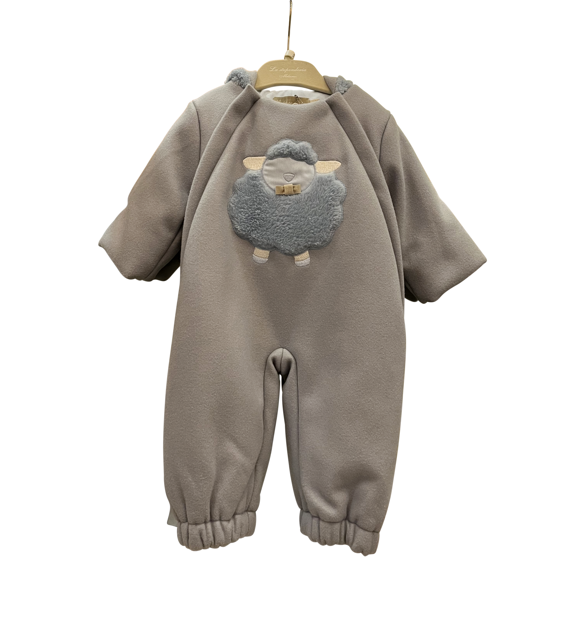 La Stupenderia Padded Suit Blue Gray padded suit with a sheep design on the back, featuring elastic cuffs and a round neckline.