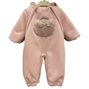 Pink padded suit with a sheep design on the back, featuring a hood and elastic cuffs.