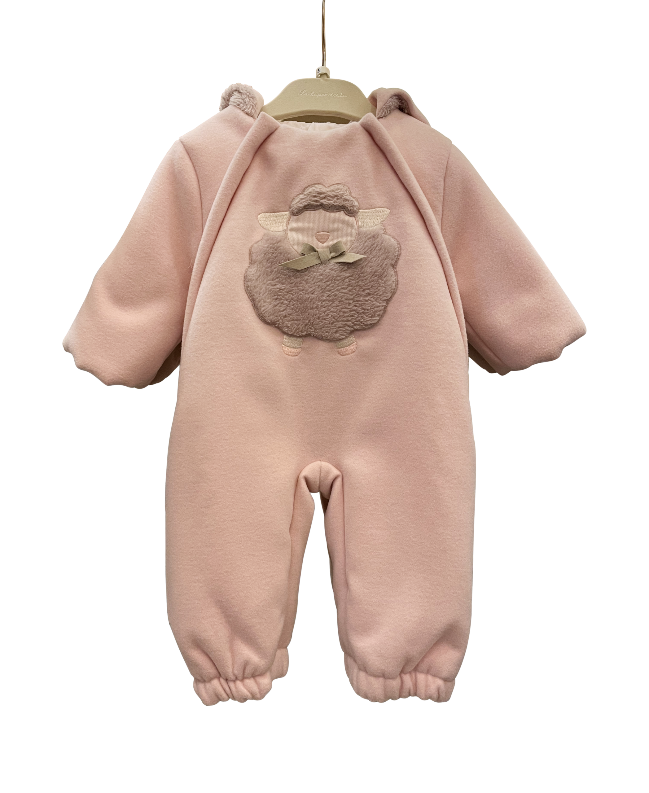La Stupenderia Padded Suit Pink Pink padded suit with a sheep design on the back, featuring a hood and elastic cuffs.