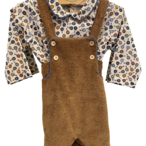 Brown corduroy overall set with a patterned long-sleeve shirt featuring colorful pickleball designs.