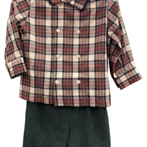 Plaid shirt with double buttons and green corduroy shorts displayed on a hanger.