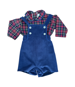 Red plaid top with a blue overall set featuring buttons and straps.
