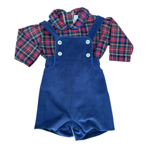 Red plaid top with a blue overall set featuring buttons and straps.