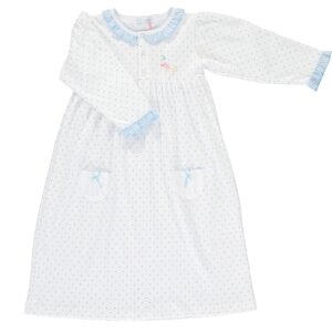 White nightgown with blue polka dots, ruffled collar, and two pockets with bows.