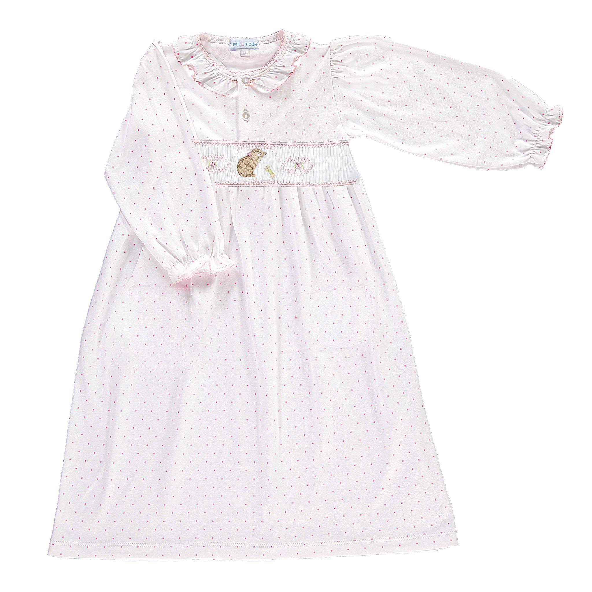 Light pink nightgown with polka dots and a teddy bear embroidery on the bodice. Long sleeves and ruffled collar.