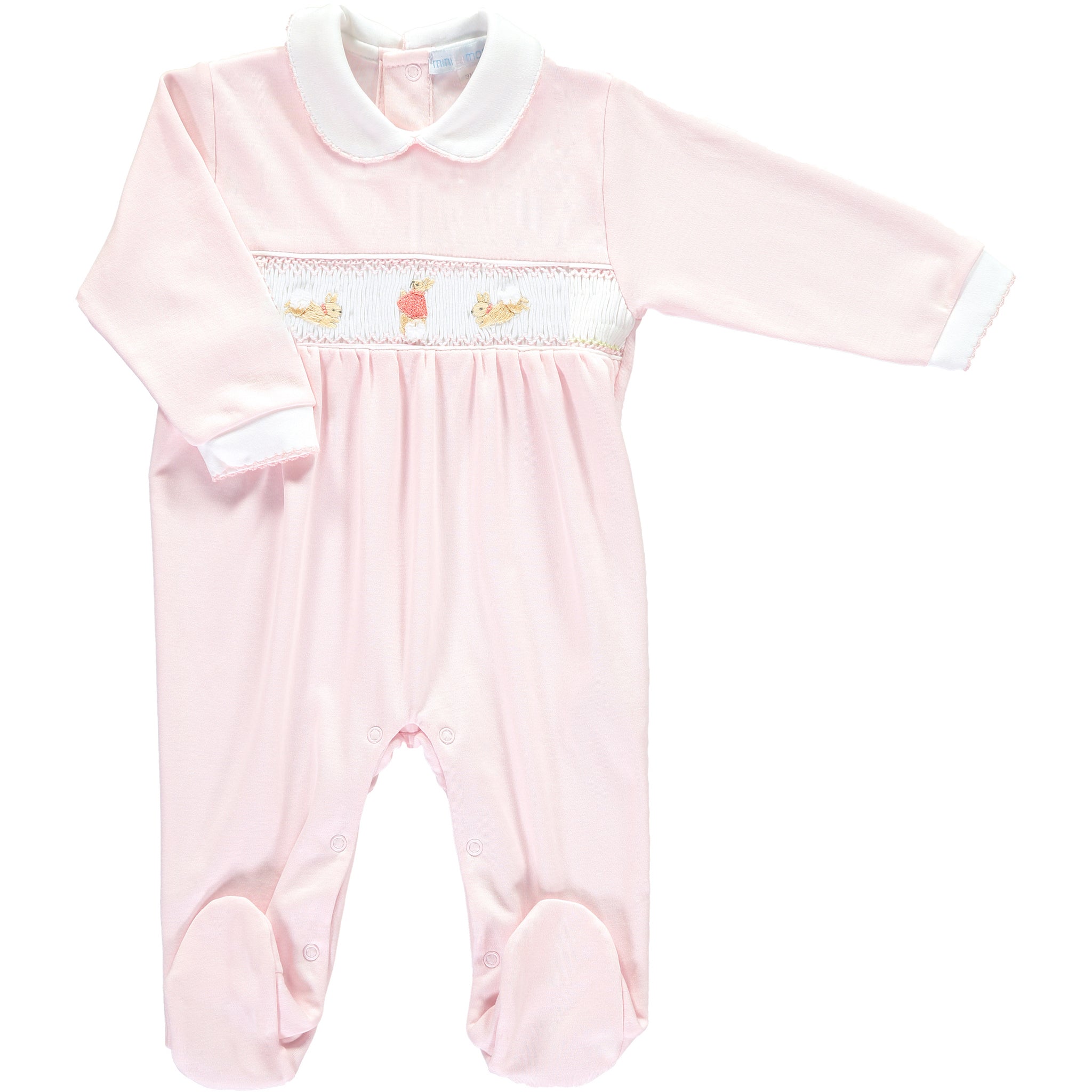Light pink baby romper with a white collar and embroidered designs on the chest.