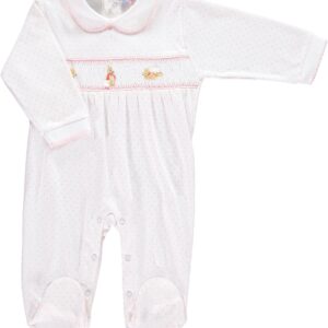 White baby romper with pink polka dots, collar, and embroidered animals on the front.