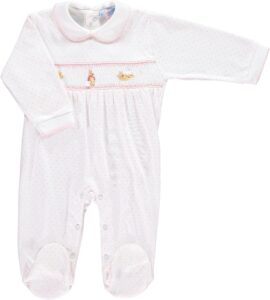 White baby romper with pink polka dots, collar, and embroidered animals on the front.