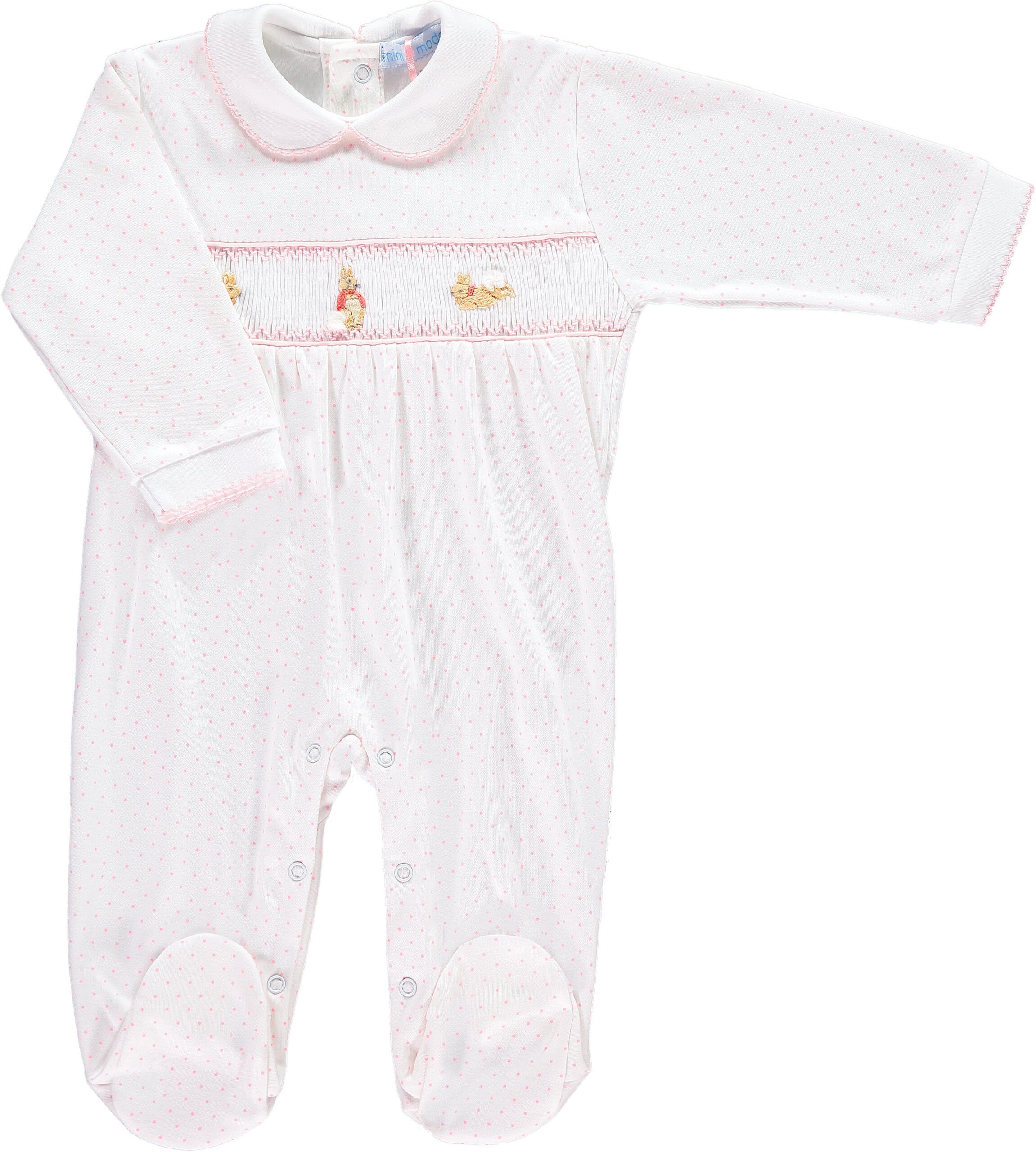 PR-SLBC105A-PSPOT-1 White baby romper with pink polka dots, collar, and embroidered animals on the front.