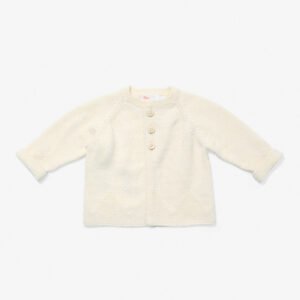 Cream cardigan with three buttons and rolled sleeves, featuring a textured pattern.