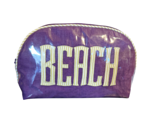 Purple and green zip pouch with "BEACH" printed in bold yellow letters.