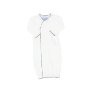 White baby wrap sack with blue trim and a tag, designed for infants.