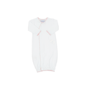 White baby wrap sack with pink trim and a tag, designed for infants.