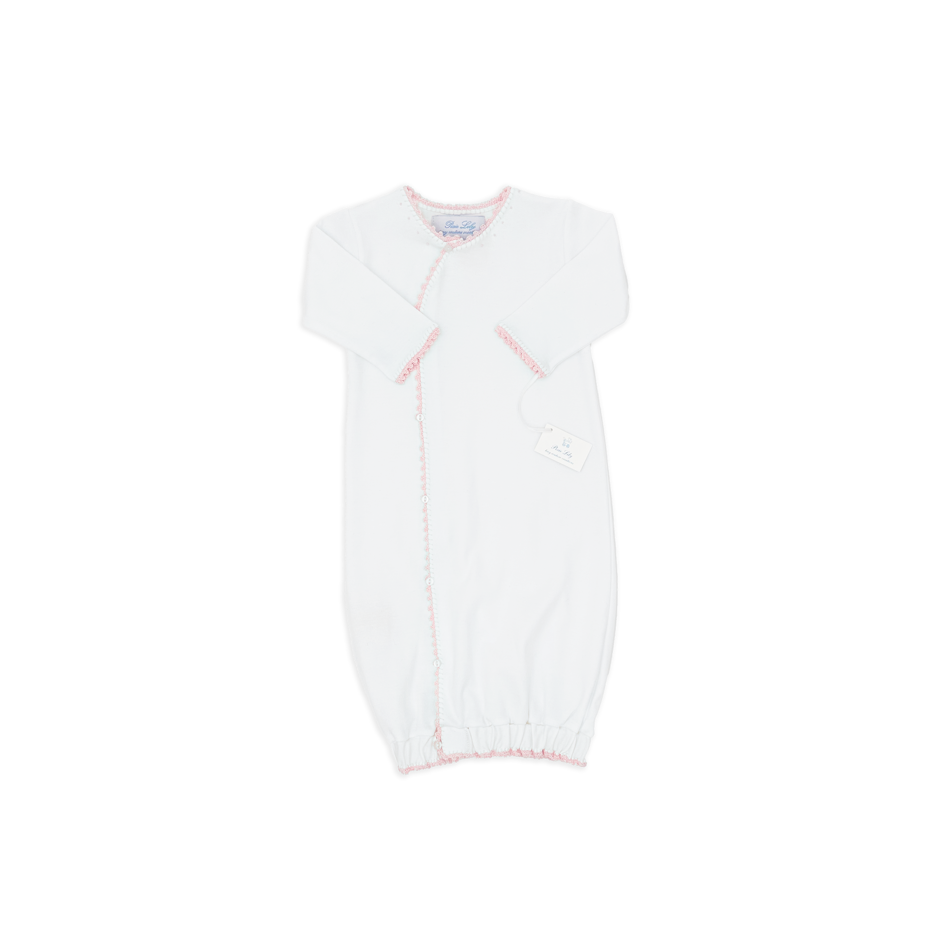 White baby wrap sack with pink trim and a tag, designed for infants.