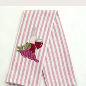 Striped kitchen towel featuring embroidered wine bottle, glass, and grapes.