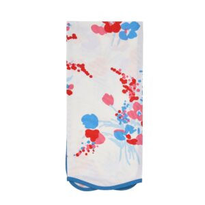 A folded fabric with a floral pattern in red, pink, and blue on a white background.