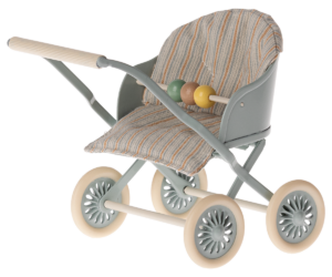 A toy stroller with a striped fabric seat and colorful beads on the handle.