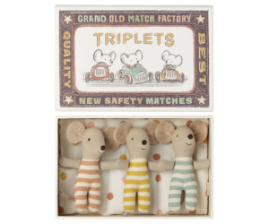 A matchbox contains three fabric mice in striped outfits, with a colorful illustrated lid featuring racing mice.