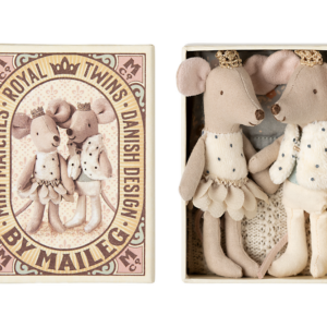 Two plush mice in royal outfits stand together inside a decorative box.