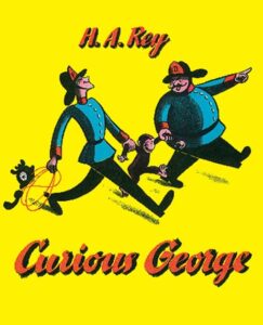 Two cartoon police officers walk with a small monkey on a bright yellow background. "Curious George" title displayed.