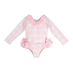 Long-sleeve pink gingham swimsuit with ruffled collar and bows on the sides.
