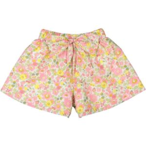 Floral-patterned shorts with a pink, yellow, and green design and a bow at the waist.