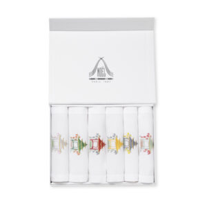 Six embroidered cocktail napkins displayed in a white box, featuring colorful pagoda designs.