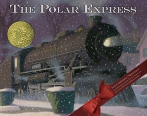 A steam train in a snowy landscape, with the title "The Polar Express" and a gold seal.