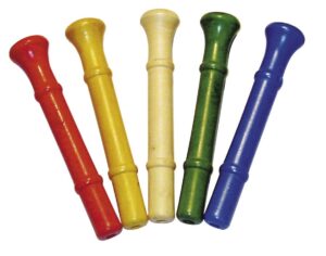 Five colorful plastic pegs arranged in a row: red, yellow, green, blue, and white.