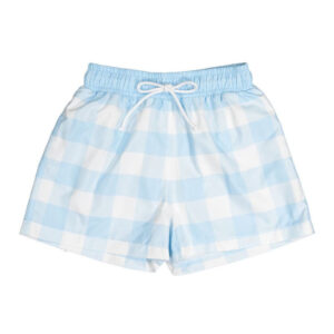 Light blue and white checkered swim shorts with an elastic waistband and drawstring.