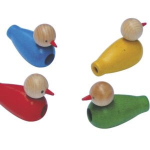 Four colorful wooden bird toys in blue, red, yellow, and green, each with a round wooden head and beak.