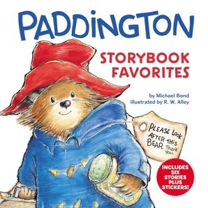 Cover of "Paddington Storybook Favorites" featuring Paddington Bear in a red hat and blue coat, holding a jar.