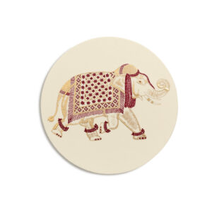 Decorative elephant walking, adorned with intricate patterns and jewelry on a light background.