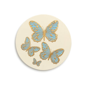 Four butterflies in various sizes, featuring blue wings with gold accents, on a cream circular background.