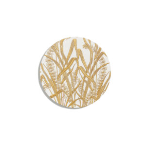 Circular design featuring intricate golden grass illustrations on a white background.