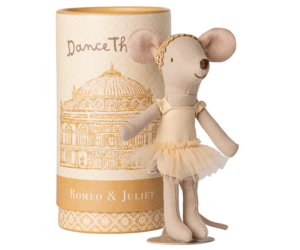 A mouse doll in a ballet outfit stands beside a decorative container labeled "Romeo & Juliet.