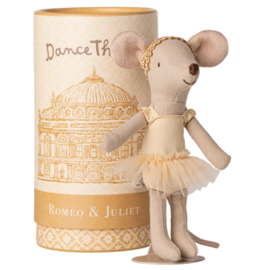 A mouse doll in a ballet outfit stands beside a decorative container labeled "Romeo & Juliet.