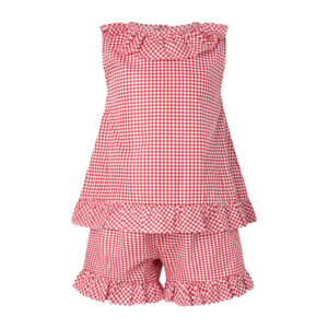 Red and white gingham outfit featuring a ruffled top and matching shorts.
