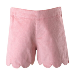 Pink corduroy shorts with a scalloped hem, displayed front view.