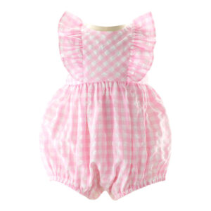Pink gingham romper with ruffled sleeves and elastic waist, designed for infants.