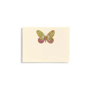 A colorful butterfly illustration on a cream-colored card.