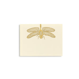 A detailed gold illustration of a dragonfly on a cream background.