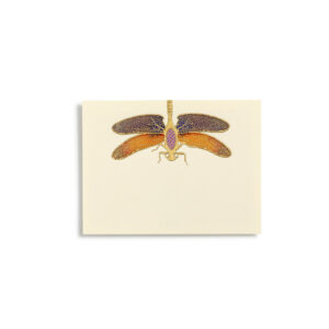 A detailed illustration of a dragonfly with vibrant orange and purple wings on a cream background.
