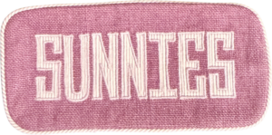 Purple and lavender glasses case with "SUNNIES" embroidered in white.