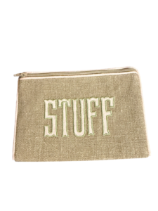 Natural fabric zip pouch with "STUFF" embroidered in green letters.