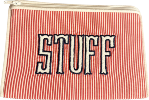 Red and white striped zip pouch with "STUFF" embroidered in navy blue.