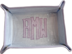 Rectangular tray with lavender and white striped edges, featuring the monogram "AMW" in the center.