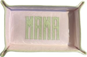 Rectangular tray with pink stripes and green "MAMA" lettering.